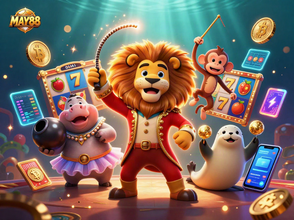 MAY88 excites players with vibrant slot reels, a circus scene exploding with festive energy and colorful game elements.