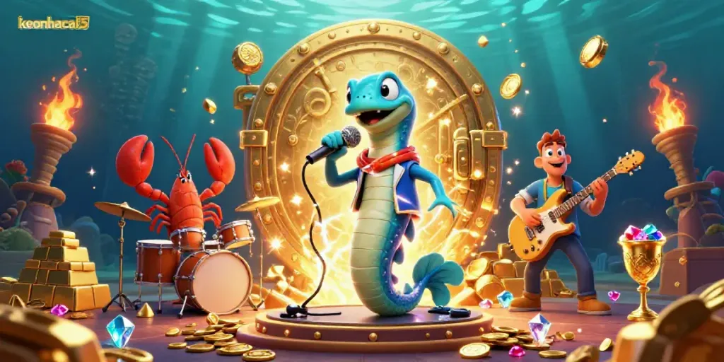 Experience keonhacai5’s vibrant underwater casino with a 3D electric eel DJ and dazzling treasures.