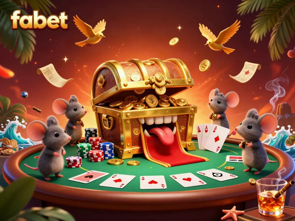 Experience the thrill of fabet with a vibrant casino scene featuring treasure and poker tables.