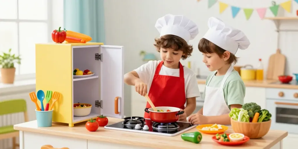 Kids kitchen scene with children cooking imaginatively, surrounded by vibrant play food and accessories.