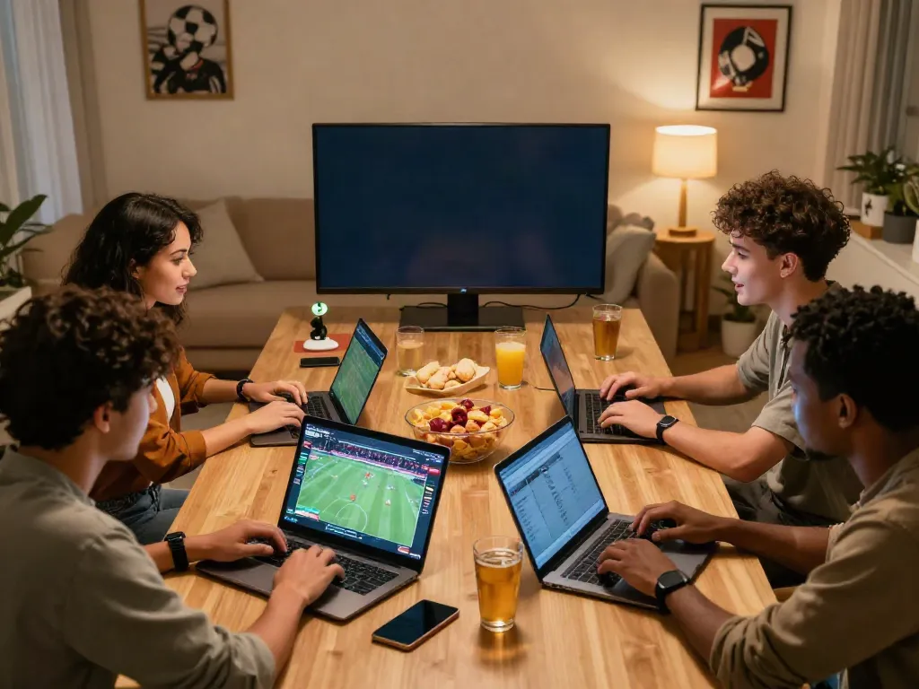 Friends enjoying online betting at home, uk88 gaming experience.