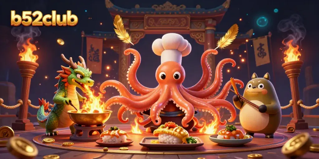 Experience thrilling gameplay at b52club with a vibrant 3D illustration of characters and golden game elements.