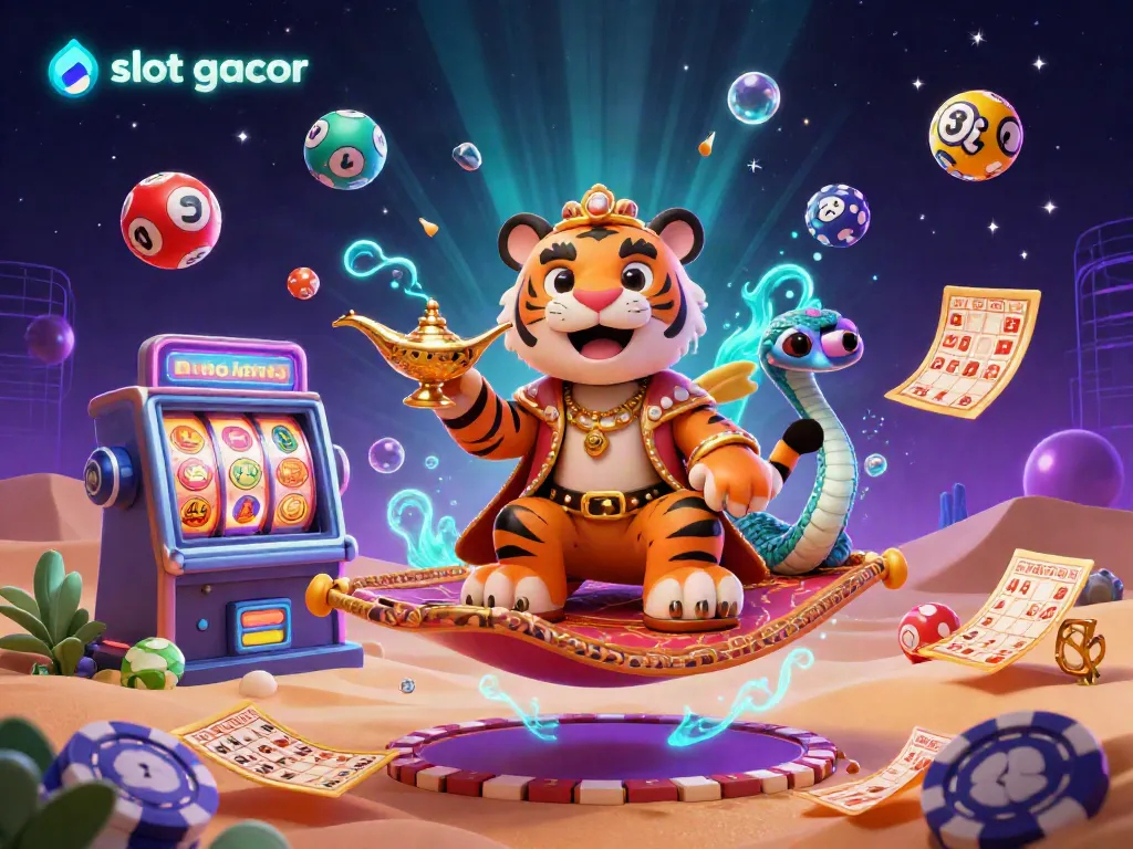 Experience slot gacor excitement in a vibrant casino scene with a cartoon tiger sultan and joyful gambling elements.