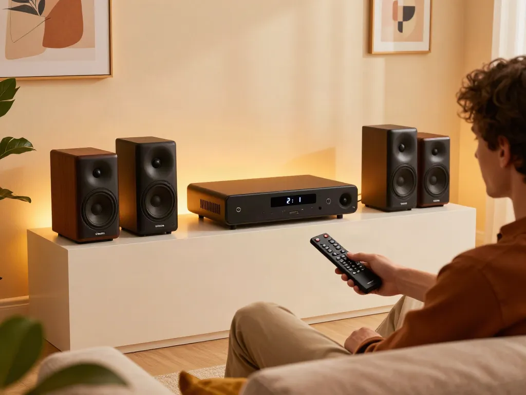 Vision Speaker Price in bangladesh featured in a cozy home setting with stylish speakers, enhancing the audio experience.