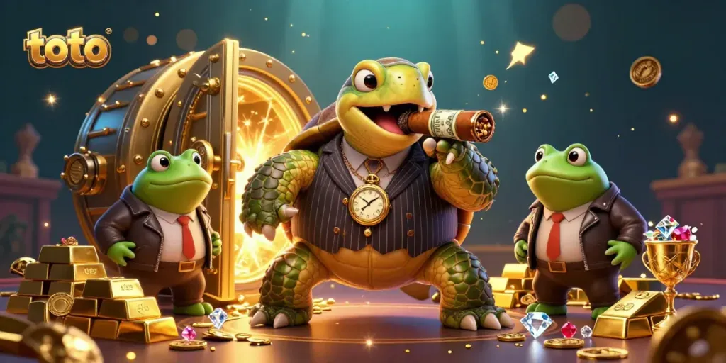 Toto-themed casino scene with a turtle mobster and bullfrog enforcers amid gold treasures.