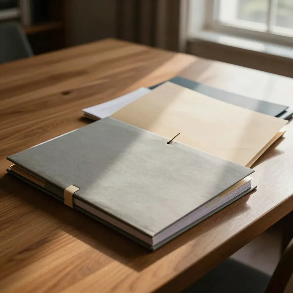 Open pay audit dossier with role folders and report pack on a warm oak credenza.