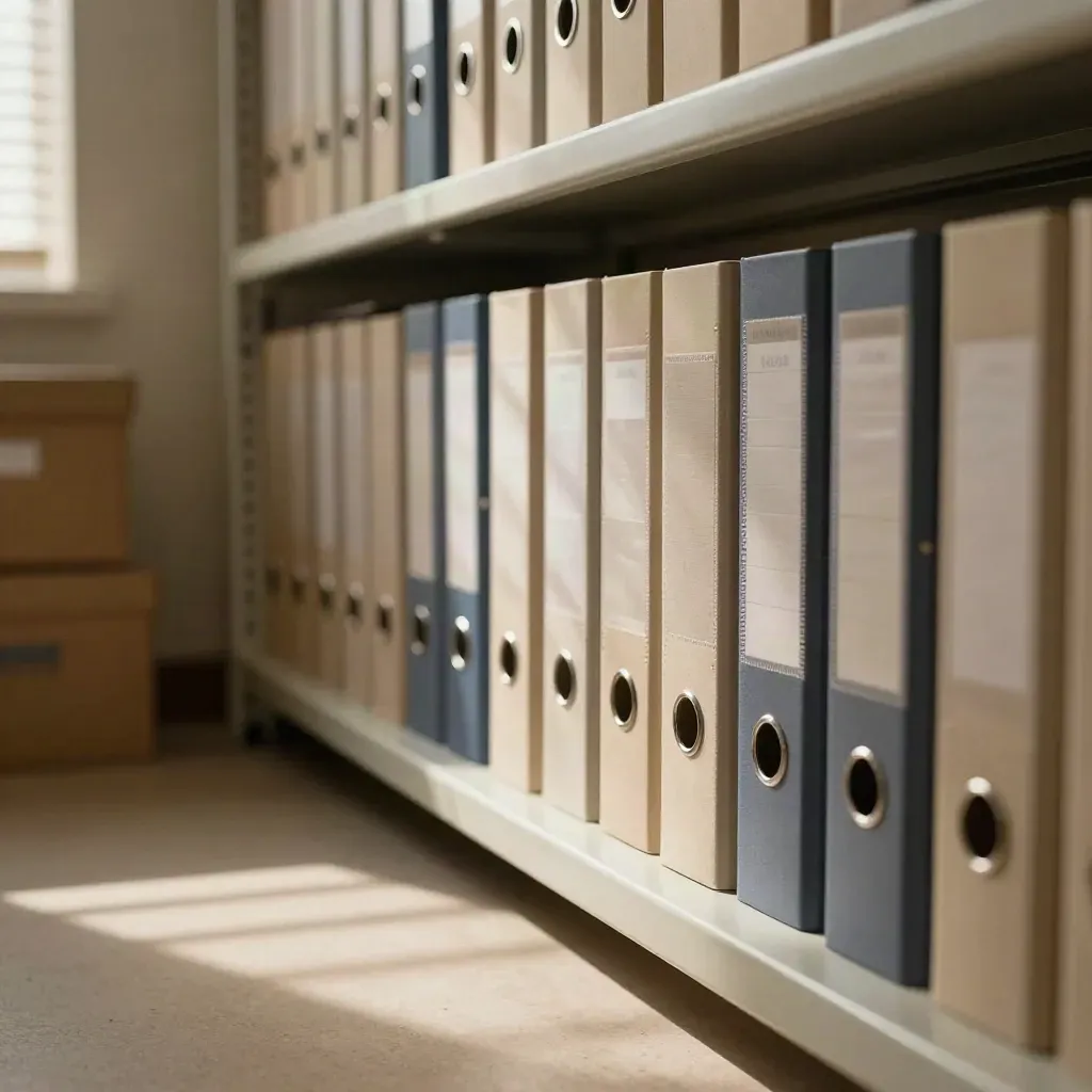 Archive room shelves with tiered pay-band folders in soft daylight