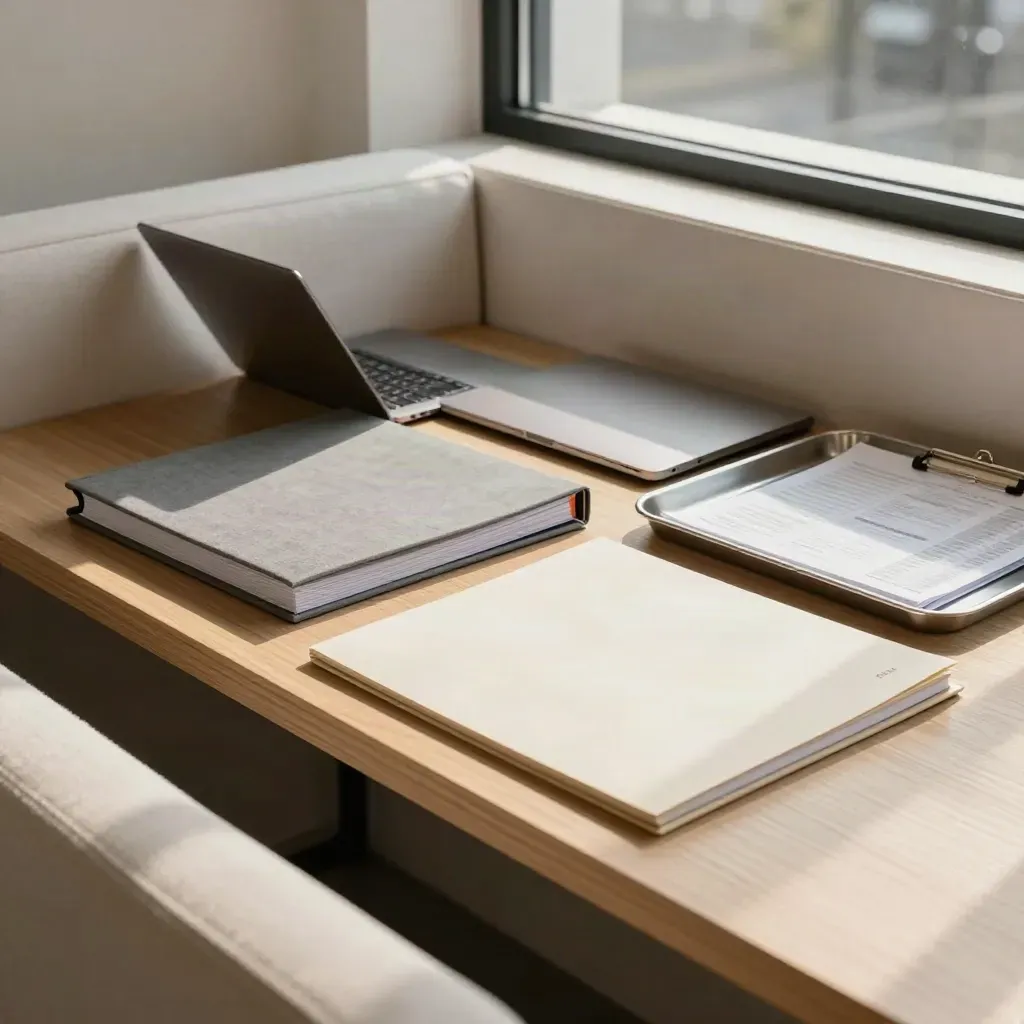 HR benchmarking folders beside a laptop in a bright coworking nook.