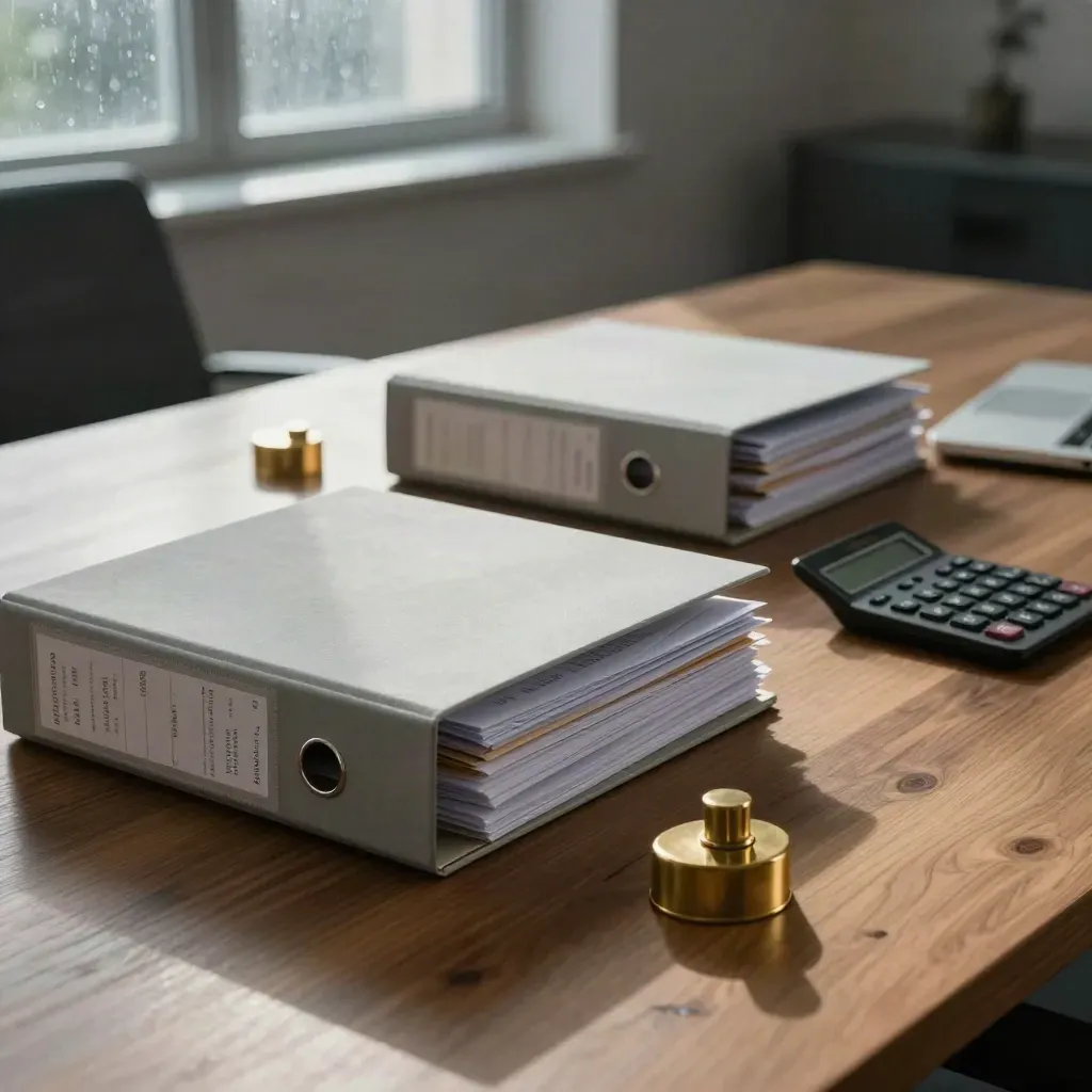 Payroll audit folders, binders, calculator and laptop edge on a rainlit boardroom table.