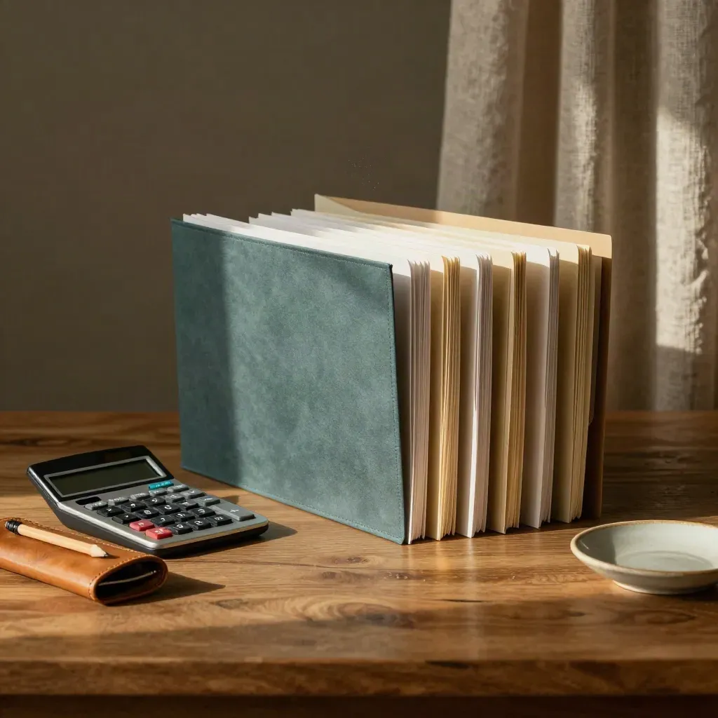 Flat lay of pay-band folders, calculator, pencil case and ceramic dish on a warm oak table.