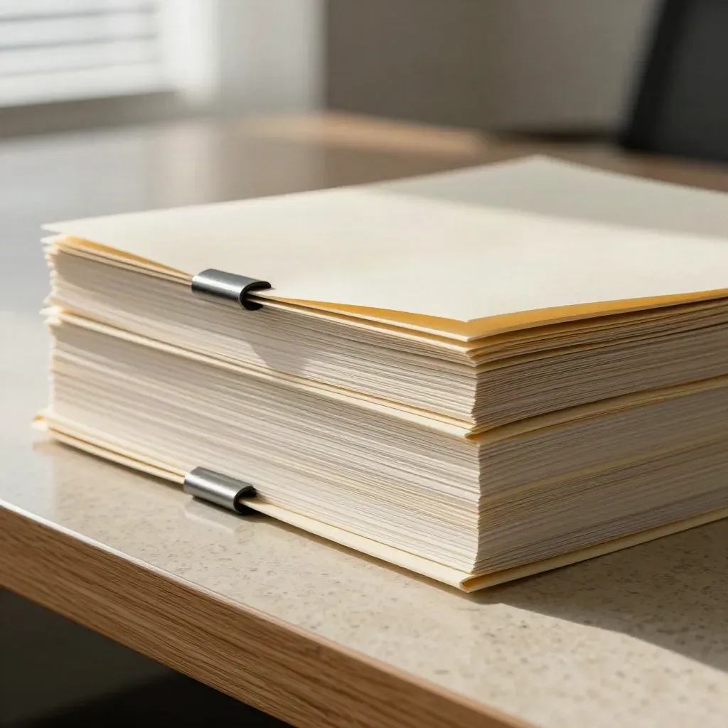 Equal-height document folders and paper stacks with a slim clip on travertine under blinds.