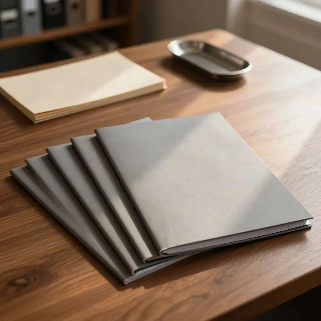 Slate folders climbing in shadow on a warm desk under a sunbeam