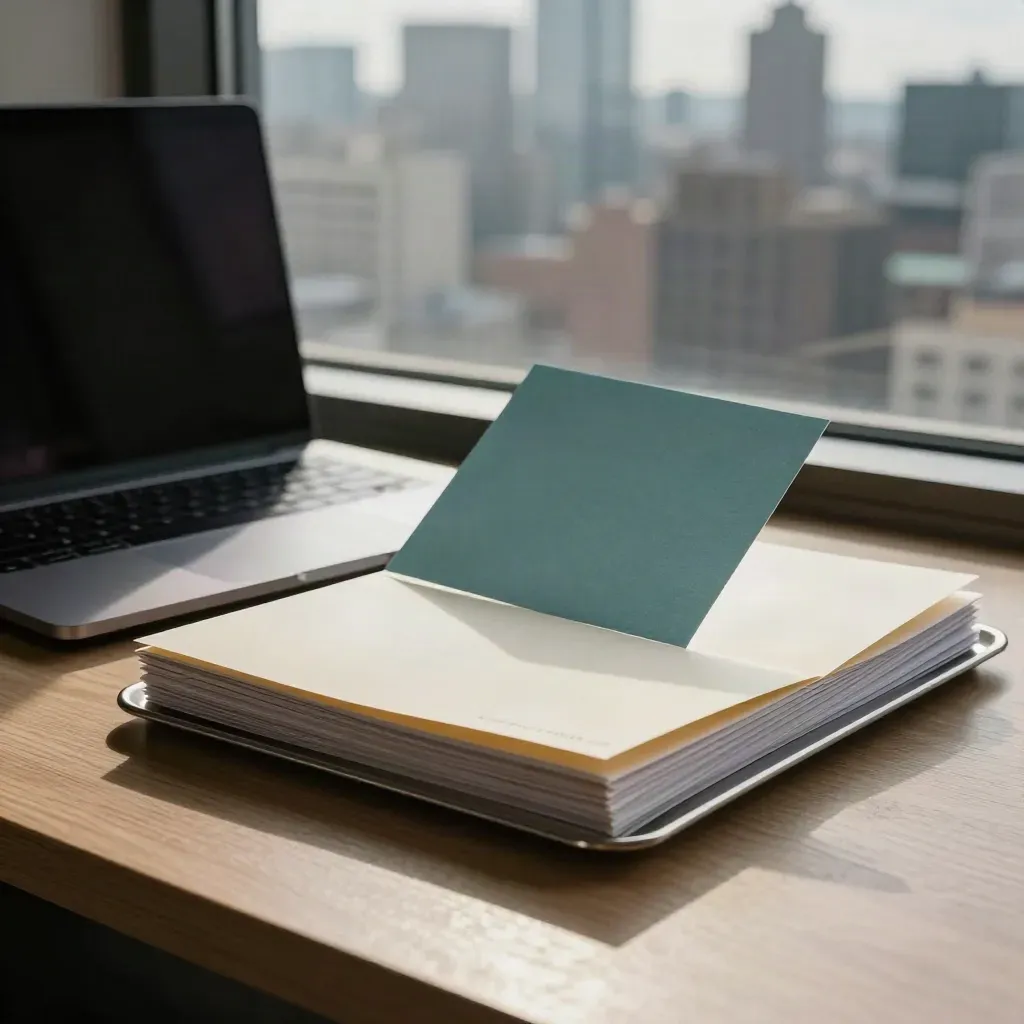 Closed laptop, market-rate folders and a metal tray by a city window in a brisk office moment.