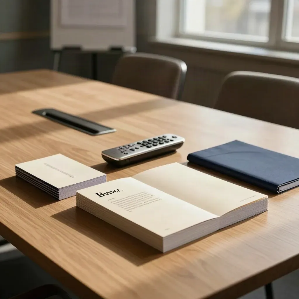 Empty boardroom set for a pay workshop with cards, remote, chairs and flipchart by window light.