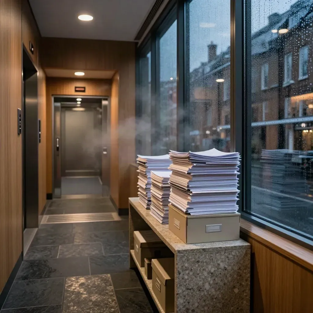 London office corridor with audit files by the lift, rain on glass at blue hour