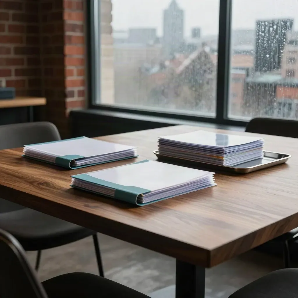 Band folders on a walnut table in a bright brick meeting room with frosted glass and misty city light.
