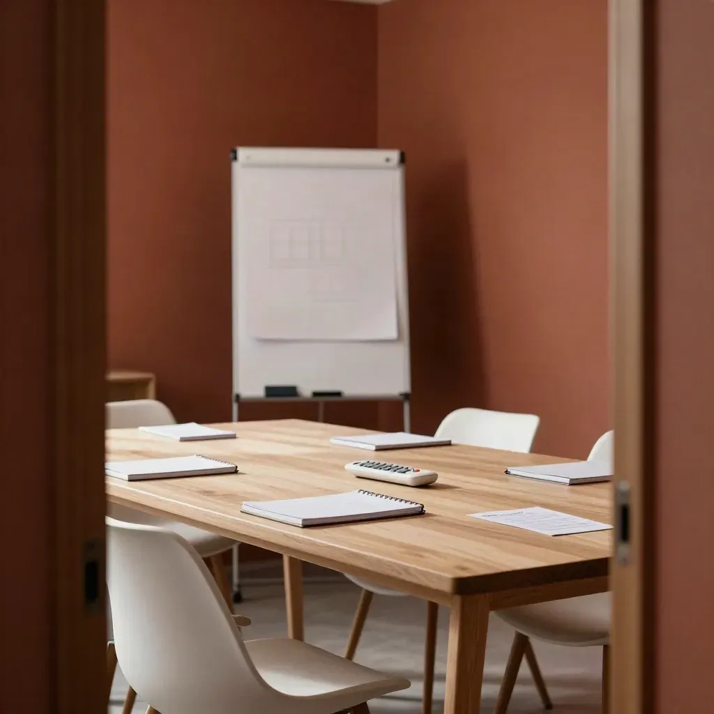 Empty HR workshop room with notebooks, feedback cards, remote and flipchart pad on a table.