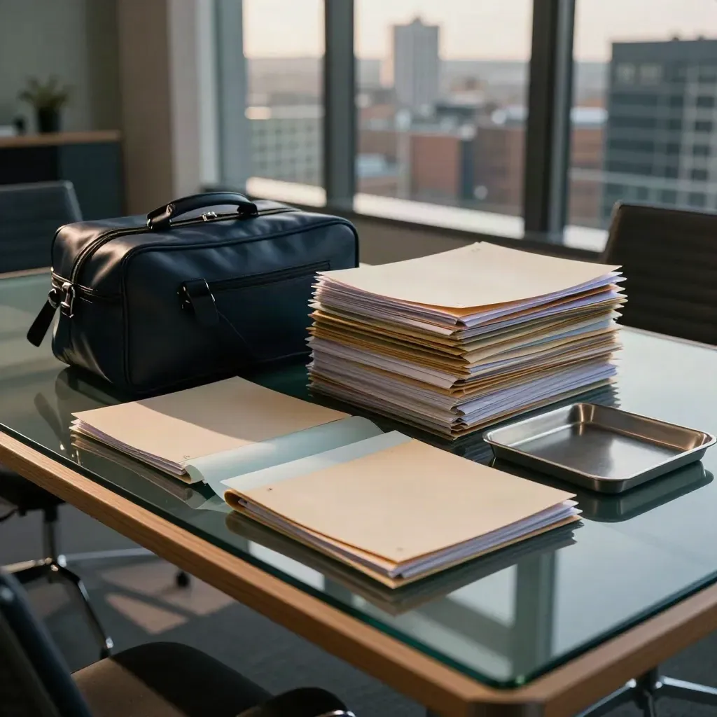 Navy review folders and pay band binders on a glass atrium table with Birmingham skyline beyond