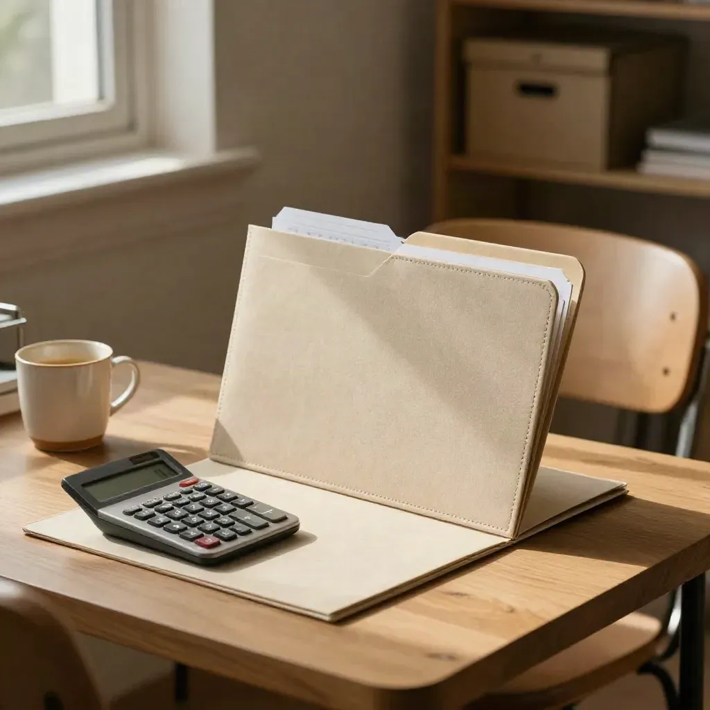 Audit folder, calculator, mug and pulled-back chair in a warm small office.