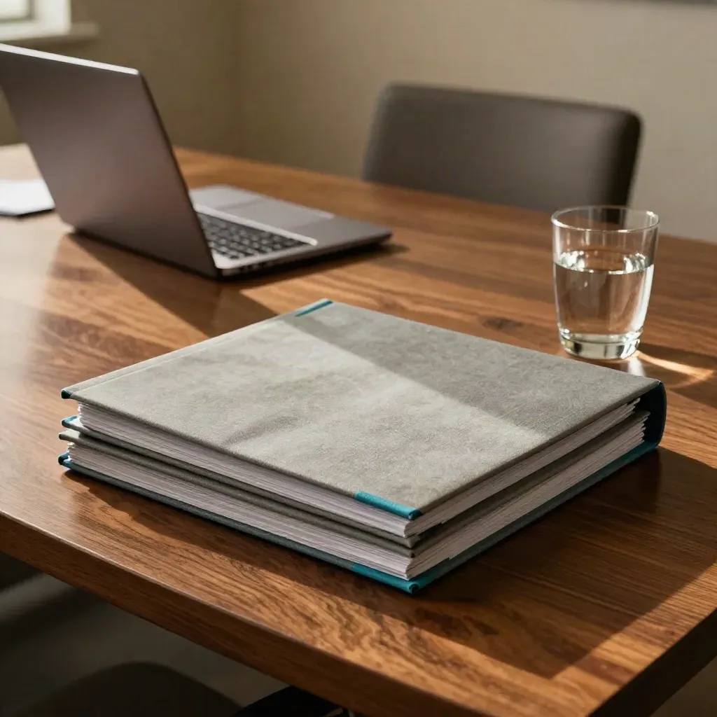Boardroom side table with report folders, closed laptop and water glass in warm daylight.