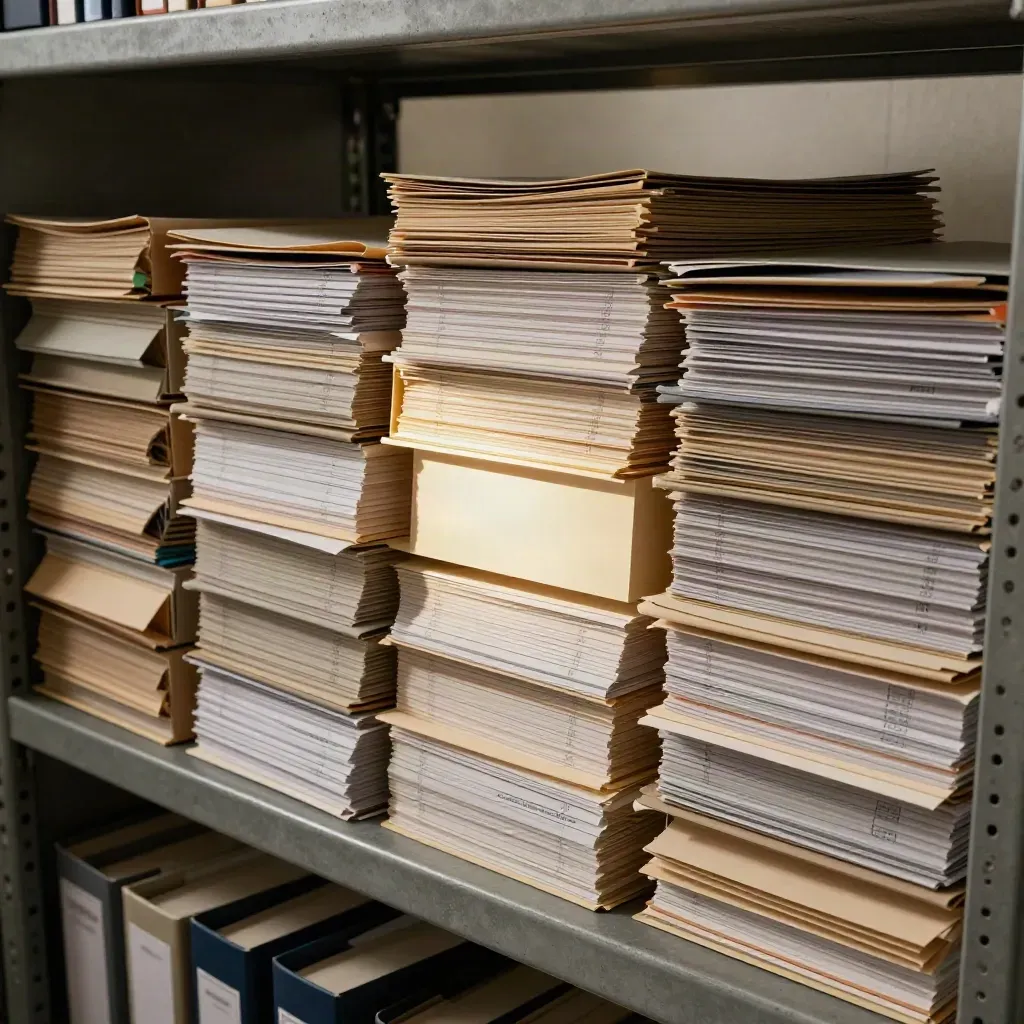 Overhead grid of audit folders with a bright center gap in a quiet archive room.