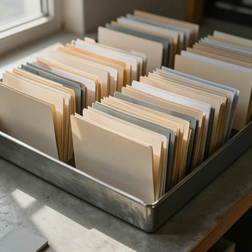 Top-down view of folders and tabs sorted into tidy pay-data groups on concrete.