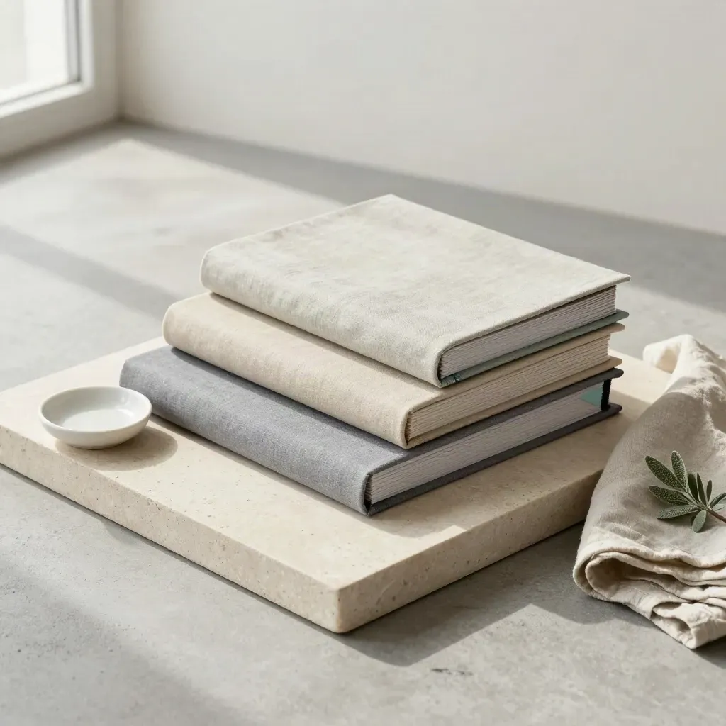 Stepped folders on a stone tray with plant, cloth and dish, styled as salary bands.