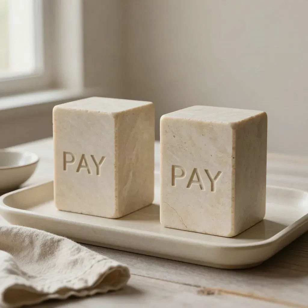Two level stone blocks on a tray with linen and a ceramic bowl on pale wood