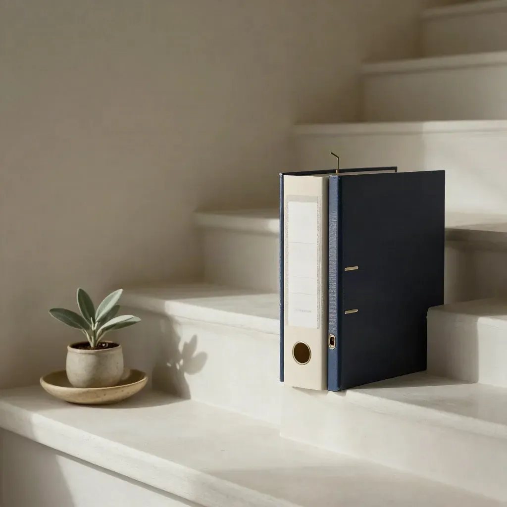 Slim binders climb a shelf beside a plant and dish in quiet daylight.