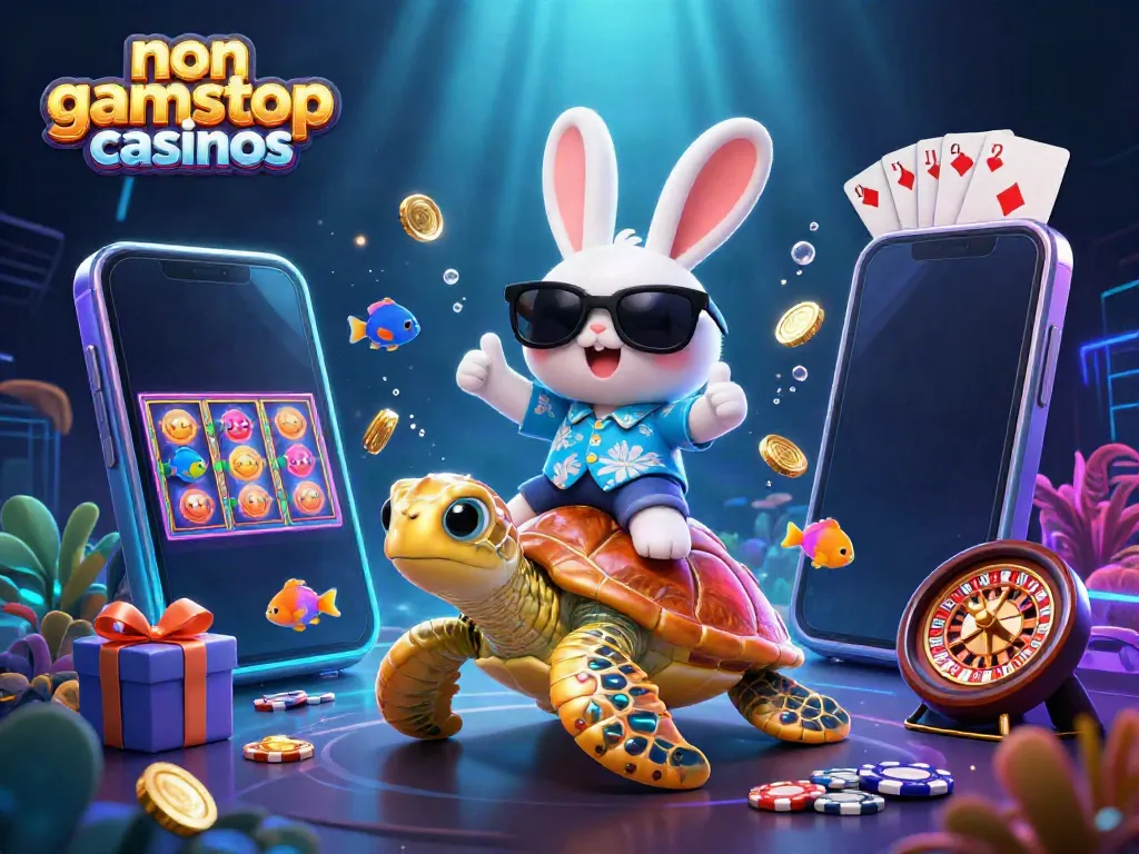 Engaging scene of non gamstop casinos with a cartoon rabbit and turtle amidst vibrant game elements.