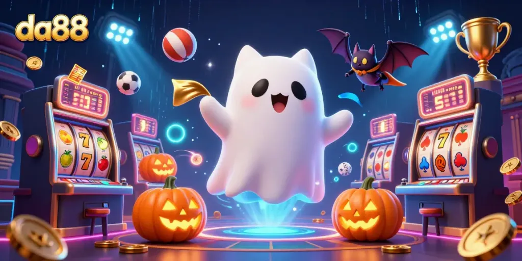 da88 showcases a lively haunted casino scene with a friendly ghost cat, vampire bat, and glowing jack-o-lanterns engaging in slots.