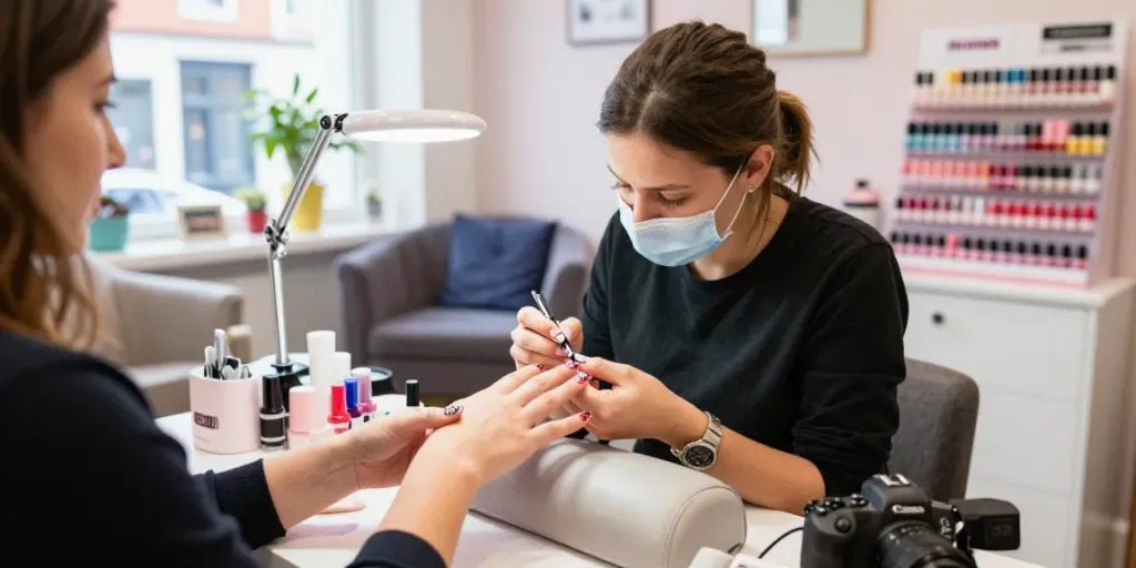 Luxurious nails being done at a Nail Salon Colcheste, showcasing artistic nail designs and a relaxing atmosphere.