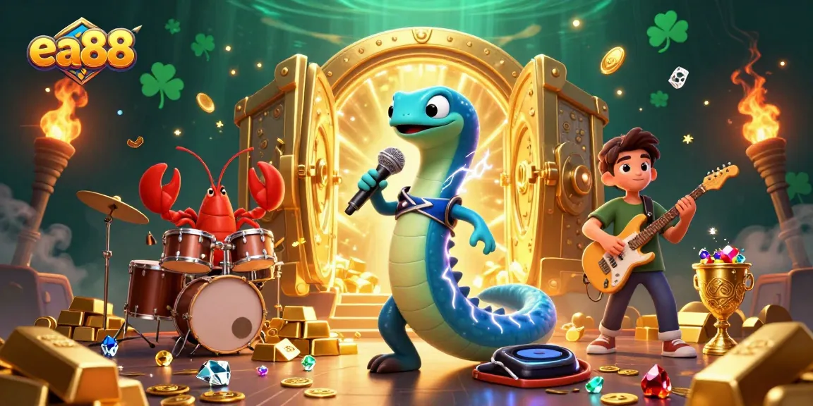 ea88 electric eel DJ performing at an underwater casino stage with treasure, jewels, and lively characters