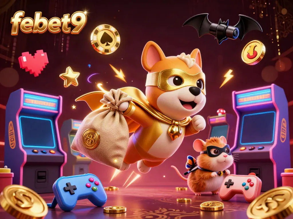 Experience the excitement at febet9 with flying superhero dog, gold coins, and arcade game elements