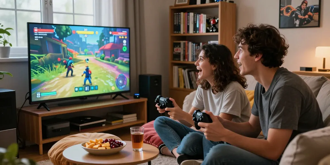 Couple playing real porn games together on a console in a cozy setting.