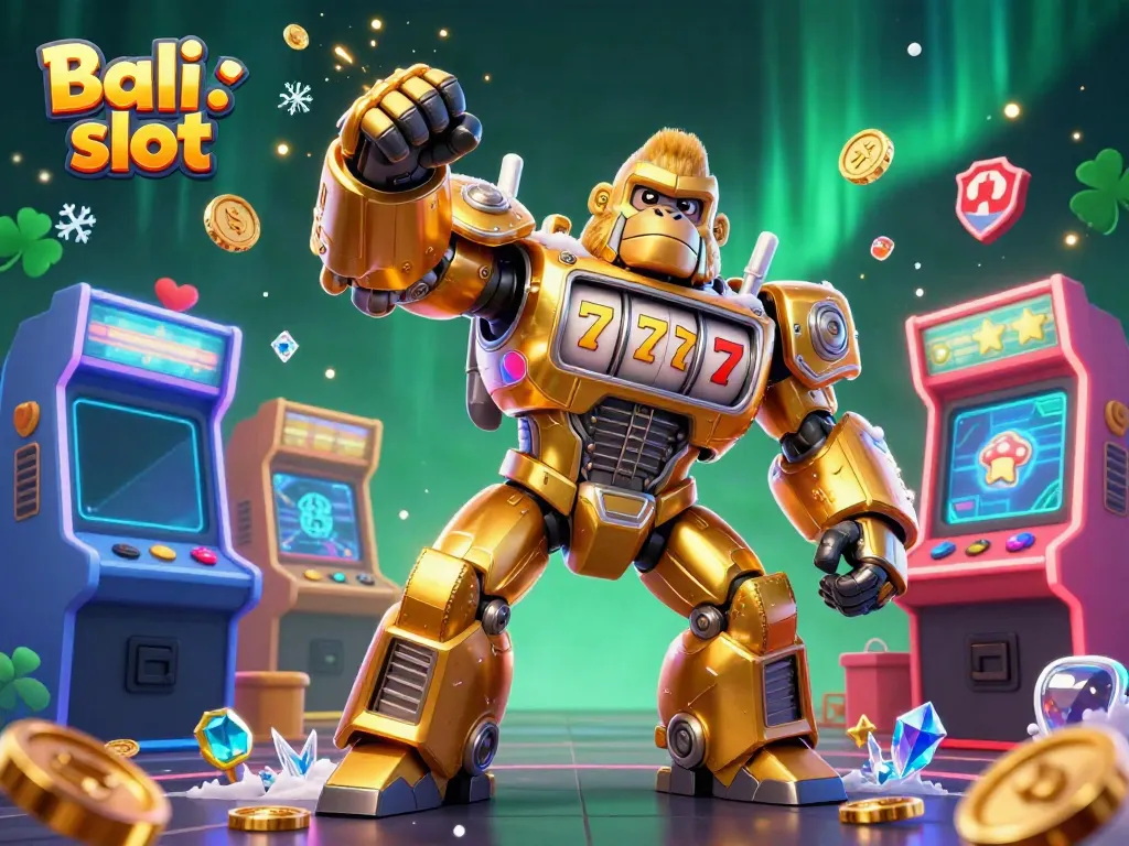 Bali slot gaming scene with a golden mech gorilla, vibrant arcade machines, and dynamic casino elements.