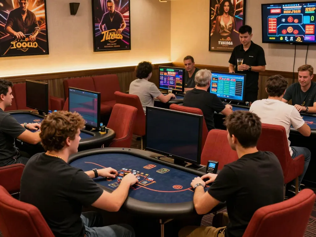 Engaged players enjoying various games at TX88 online gaming lounge.