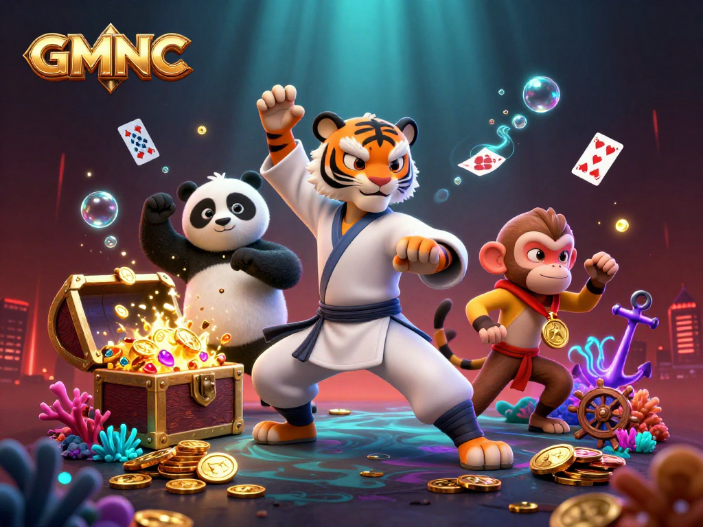 Experience the thrilling world of GMNC with a kung fu tiger mastering casino luck and a panda disciple amidst treasures.