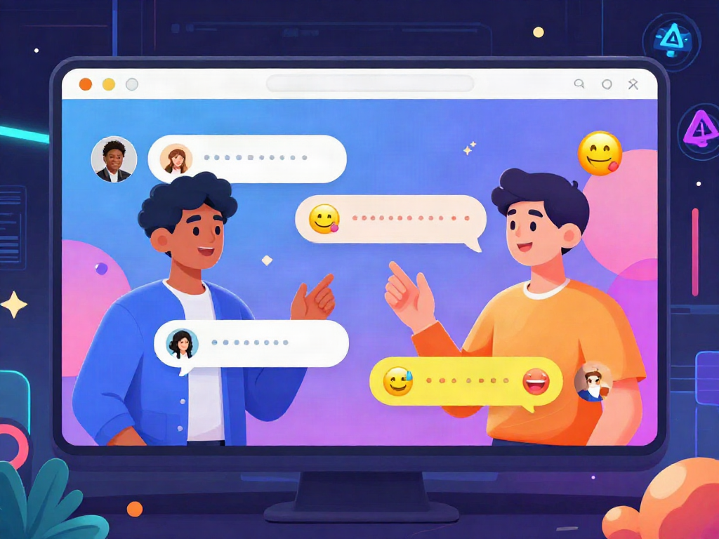 A vibrant digital scene of avatars interacting in an AI porn chat environment, showcasing modern chat features and engaging visuals.