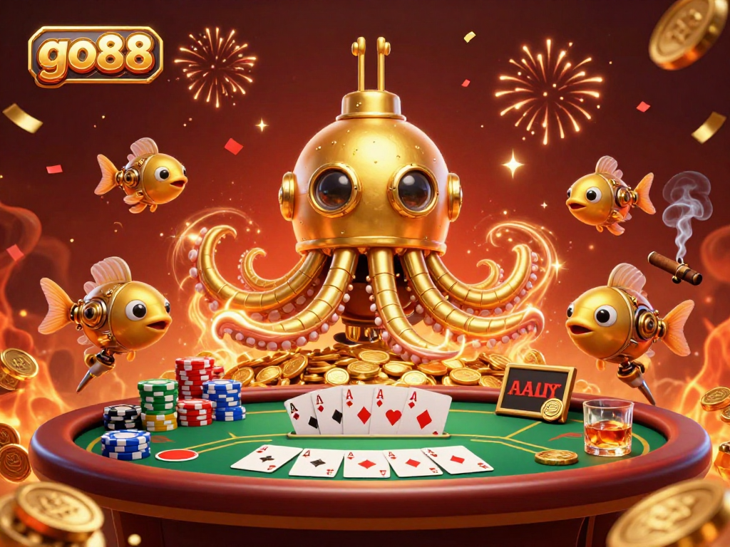 Engage in thrilling gameplay at go88 with the golden kraken and mechanical fish amidst poker elements.