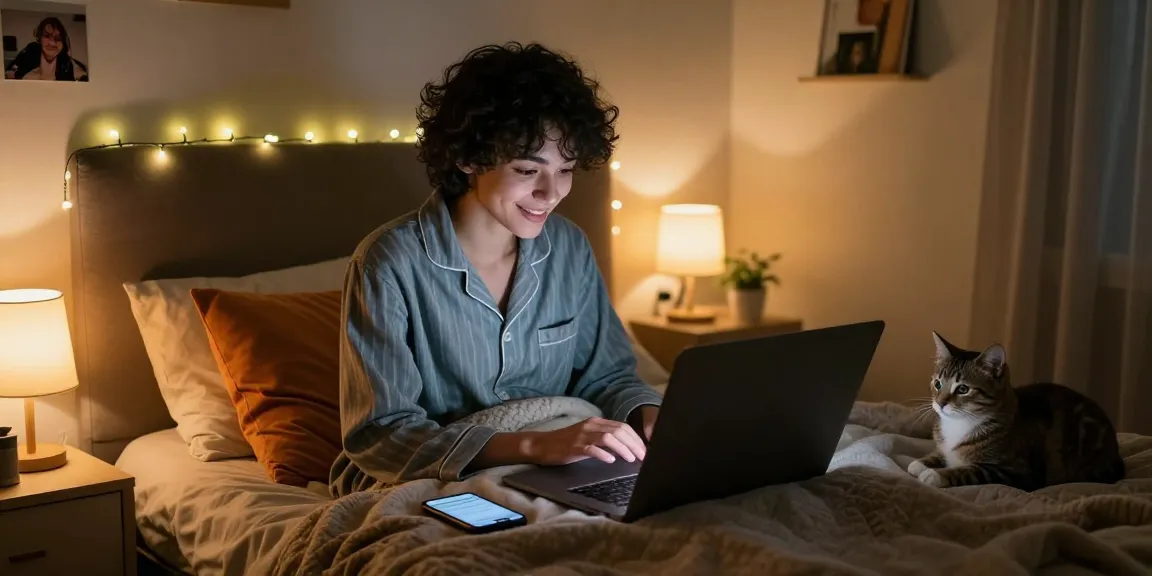 Engaging in ai sexting in a cozy bedroom, warm lighting, laptop and personal touches.