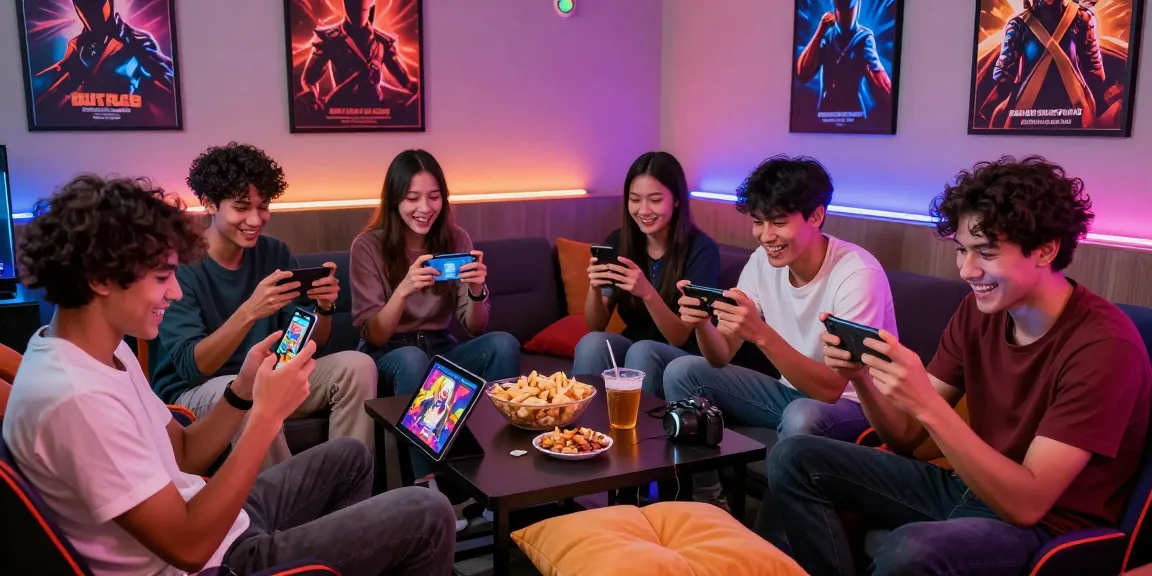 Engaged friends playing free mobile hentai games in a colorful gaming lounge.