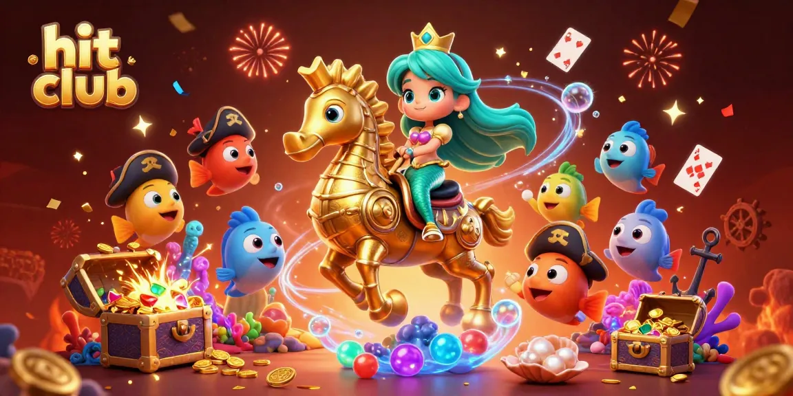 Hit Club excitement springs forth as vibrant mermaid and seahorse encounter underwater treasures.